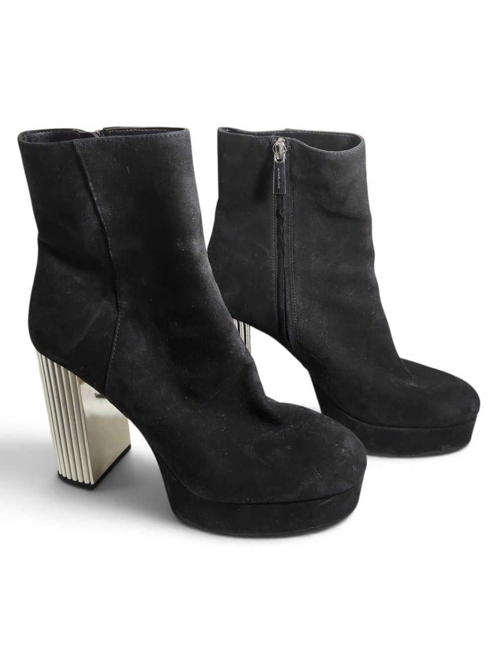 Michael Kors Size 8.5 Black Suede Platform Ankle Boots with Metallic Ribbed Heel